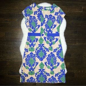 Boden Nantucket Blue and Green Notch Neck Tapestry Sheath Dress Size 8